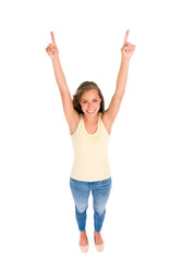 Poster - Portrait, woman and pointing for discount, fashion deal or sale in studio with isolated white background. Hand gesture, top view and smile by female model for advertising news, promotion or offer.