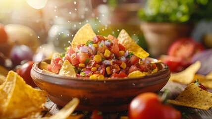 Wall Mural - Delicious nachos with vibrant salsa topping in a traditional bowl