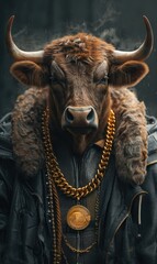 Poster - A bull wearing a jacket and chain. Generative AI.