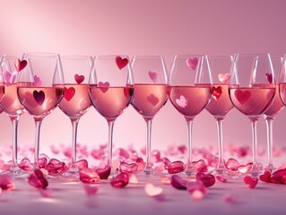 Poster - A row of wine glasses with pink hearts on them. Generative AI.