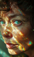 Canvas Print - A woman with a rainbow colored reflection in her eyes. Generative AI.