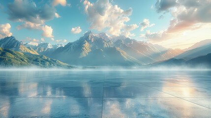 Wall Mural - Empty square floor and green mountain with sky clouds at sunset. Panoramic view