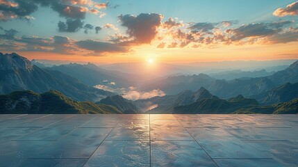 Empty square floor and green mountain with sky clouds at sunset. Panoramic view