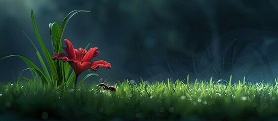 Wall Mural - A vibrant red flower stands out against a backdrop of lush green grass in a tranquil field. The contrast between the vivid flower and the verdant surroundings creates a striking visual impact.