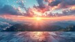© Jennifer - Empty square floor and green mountain with sky clouds at sunset. Panoramic view