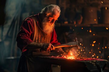 Wall Mural - a blacksmith hammering a red hot piece of metal on an anvil