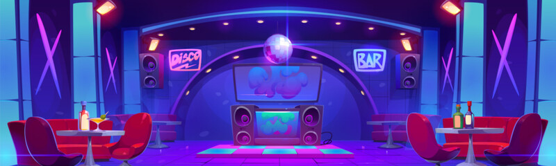 Wall Mural - nightclub interior with dj stand and loudspeakers on scene, dance floor, tables with bottles and coc