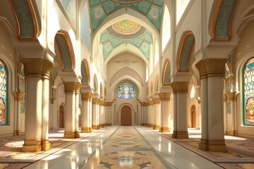 Sticker - Interior of the mosque, with sweeping views of the spacious prayer hall and soaring ceilings supported by graceful arches and columns. Intricate tilework adorns the walls, adding to the visual richnes