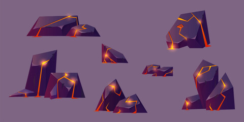 Wall Mural - rocks with cracks and liquid flowing bright glowing orange and red lava. cartoon vector illustration