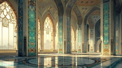 Wall Mural - Interior of the mosque, with sweeping views of the spacious prayer hall and soaring ceilings supported by graceful arches and columns. Intricate tilework adorns the walls, adding to the visual richnes