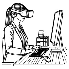 Wall Mural - single continuous drawing black line art linear businesswoman in office using virtual reality headset simulator glasses with computer doodle style sketch vector