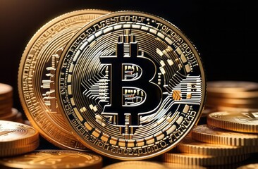 Bitcoin ETF coin, gold yellow, trading, chart, money, rich. Close-up bitcoin coin with flying coins. Bitcoin Crypto currency Gold BTC Bit Coin close up of Bitcoin coins isolated. Blockchain technology