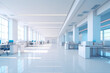 A beautiful modern spacious office hall with panoramic windows and a perspective in pleasant blue tones