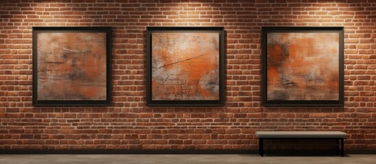 A modern brick wall in an empty room adorned with three large frames holding beautiful paintings. The artwork adds a touch of elegance and sophistication to the space.