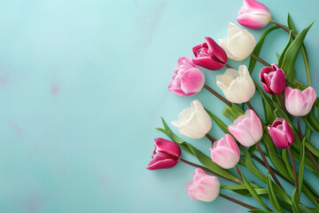 Wall Mural - beautiful pink and white tulips displayed on blue surface, perfect for springtime designs