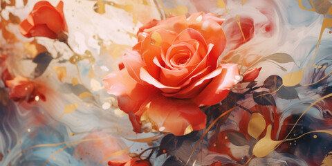 Wall Mural - vibrant orange rose painted on calming blue background, ideal for floral designs or greeting cards