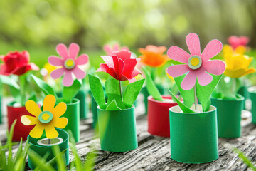 Wall Mural - paper flowers on wooden table, ideal for home decor projects