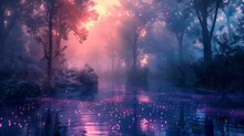 Mystical Forest At Twilight With Ethereal Lights And Reflective Water. Surreal Nature Scenery Ideal For Backgrounds And Concept Art. AI