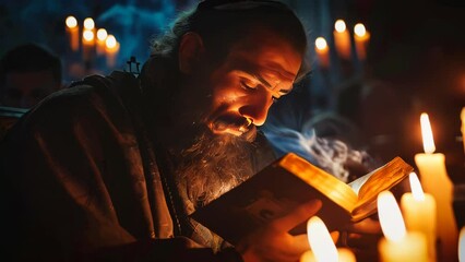 Wall Mural - A bearded orthodox christian monk reading bible