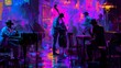Jazz club scene illustration with musicians and audience. neon lights, vivid colors create a retro atmosphere. perfect for music themed projects. AI