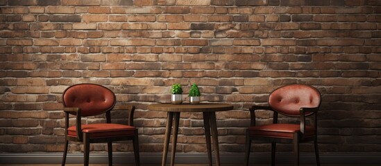 The image shows two chairs and a table placed in front of a textured brick wall. The chairs are positioned towards the table, creating a simple yet inviting setup.