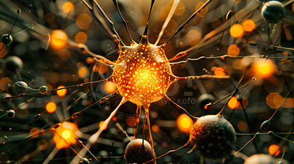 Poster - Microscopic Neuron Network, Biological Nerve Cells, Brain Activity and Neurology Concept, Medical Science Illustration