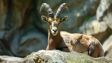 A Poised Ibex With Majestic Horns Rests Atop A Rock, Gazing Into The Distance.