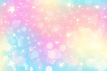 Wall Mural - rainbow gradient sky background. unicorn space with glitter and stars. holographic pastel magic text