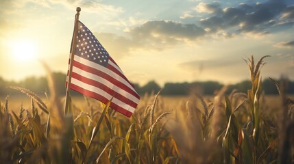 Wall Mural - A serene farmland scene with the American flag standing tall among crops.