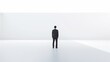 In a minimalist setting, a lone individual dons a tailored business suit against a pristine white background