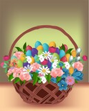 Fototapeta Boho - Easter composition with basket, Easter eggs and flowers