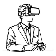 Wall Mural - single continuous drawing black line art linear businessman in office using virtual reality headset simulator glasses with computer doodle style sketch vector