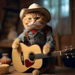 Hi everyone, kindly record a quick film with a ginger cat sitting next to a country house while playing a guitar. The cat has a cowboy-style appearance, complete with hat and boots. 