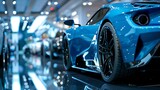Fototapeta  - Sleek blue sports car showcased in an auto expo. modern design and luxury concept. perfect for auto enthusiasts and adverts. AI