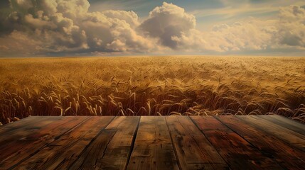 Canvas Print - Serene countryside wheat field with wooden platform overlooking vast farmland. nature landscape, perfect for background or conceptual art. AI