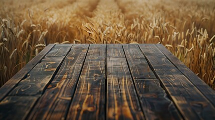 Canvas Print - Wooden planks over golden wheat field at sunset, rustic scene captured, calm countryside viewpoint, natural background for design. AI