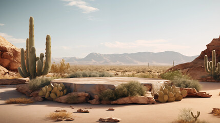 Stone podium on the background of Arizona Desert Cactus Landscapes for Product placement. Generative AI