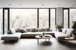 a minimalist sitting area with sofas in muted tones, emphasizing simplicity and comfort, creating a serene and contemporary living space.