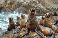 A Group Of Playful Sea Lions Sunbathing On Rocky Shores, Their Barks Filling The Air With Life.