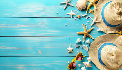 Wall Mural - Seashells and Starfish Holiday Decor Beach Accessories On Blue Plank - Summer Holiday Banner