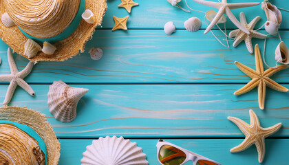 Wall Mural - Seashells and Starfish Holiday Decor Beach Accessories On Blue Plank - Summer Holiday Banner