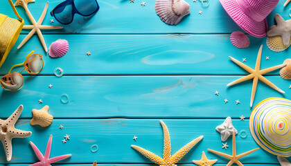 Wall Mural - Seashells and Starfish Holiday Decor Beach Accessories On Blue Plank - Summer Holiday Banner