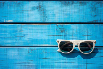 Sunglasses on blue wooden background. Summer vacation and fashion concept on the beach.