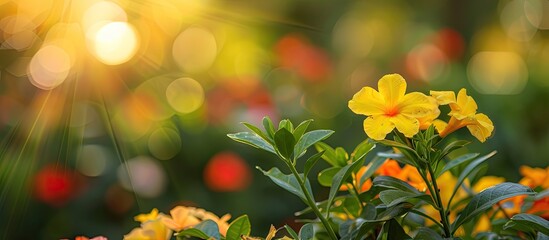 Wall Mural - A bunch of yellow Ruellia Tuberosa Linn flowers are scattered in the lush green grass. The annual Acanthaceae plants add a pop of color to the natural surroundings.