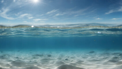  Blue water surface seen from underwater and rays of sunlight shining through. Underwater empty blue ocean panorama background with sandy sea bottom.
