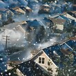 A surreal encapsulation of suburban homes enveloped in a frosty, misty blizzard, portraying a blend of weather-induced chaos and winter's harsh embrace. The scene creates a frozen tableau of life