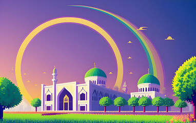 Wall Mural - Beautiful and colorful illustration of a mosque with trees, flowers and peaceful sky, amazing, serene, tranquil, vibrant