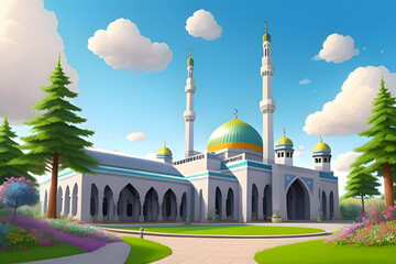 Wall Mural - Beautiful and colorful illustration of a mosque with trees, flowers and peaceful sky, amazing, serene, tranquil, vibrant