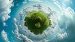 The green little planet transformation unfolds in a spherical panorama, offering a 360-degree abstract aerial view in a field with high voltage electric pylon towers and stunning clouds
