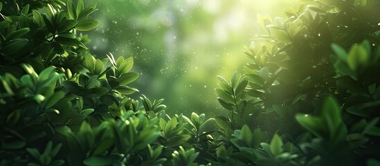 Wall Mural - A detailed view of a bush covered in water droplets, creating a pattern of shimmering droplets on the leaves. The focus is on the water droplets, showcasing their clarity and the plants texture.